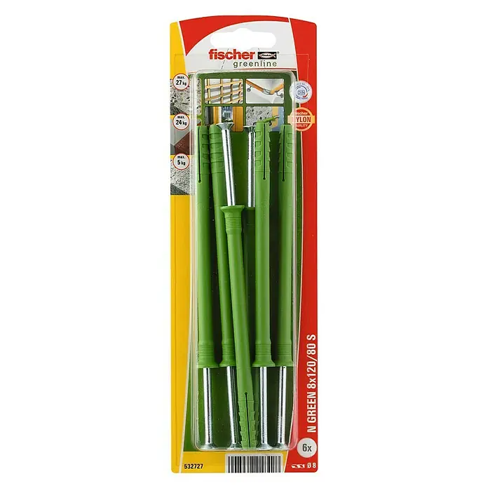 Fischer Spijkerpluggen N Green 8 x 120/80 S K NV - Ø x l: 8 x 120 mm, Verzonken kop, 6 stk. - Bovenaanzicht