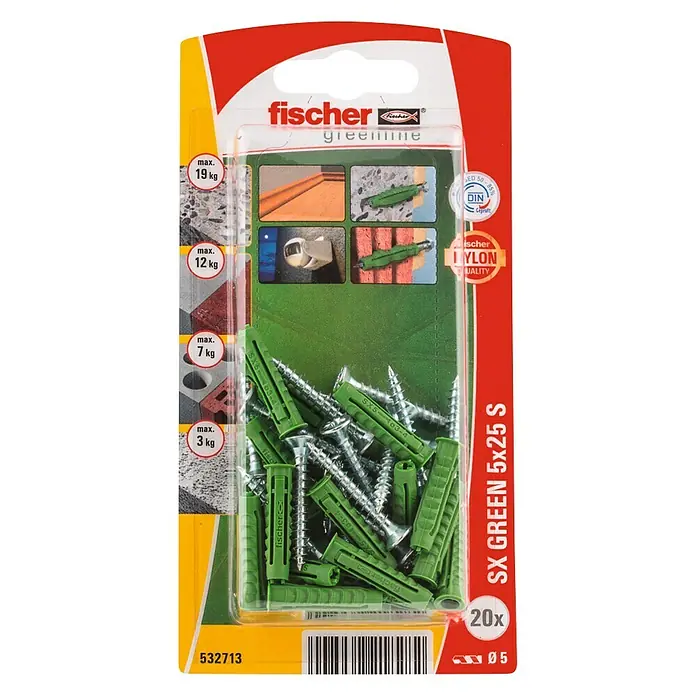 Fischer Pluggen SX Green 5 x 25 S K NV - Ø x l: 5 x 25 mm, 20 stk., Nylon - Bovenaanzicht