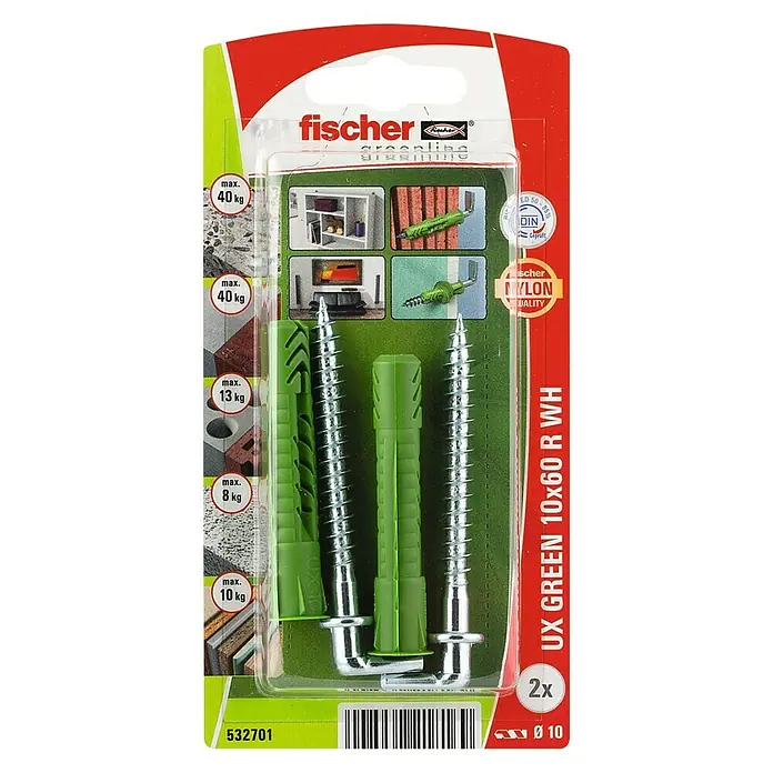 Fischer Universeelpluggen UX Green 10 x 60 R WH K NV - Ø x l: 10 x 60 mm, 2 stk., Nylon - Bovenaanzicht