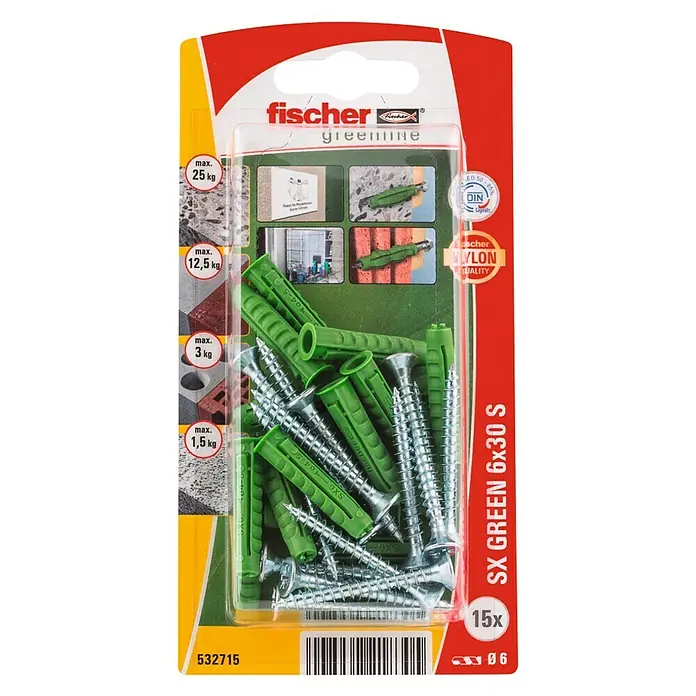 Fischer Pluggen SX Green 6 x 30 S K NV - Ø x l: 6 x 30 mm, 15 stk., Nylon - Bovenaanzicht