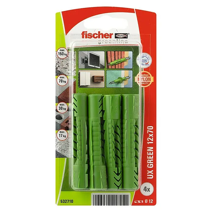 Fischer Universeelpluggen UX Green 12 x 70 K NV - Ø x l: 12 x 70 mm, 4 stk., Nylon - Bovenaanzicht