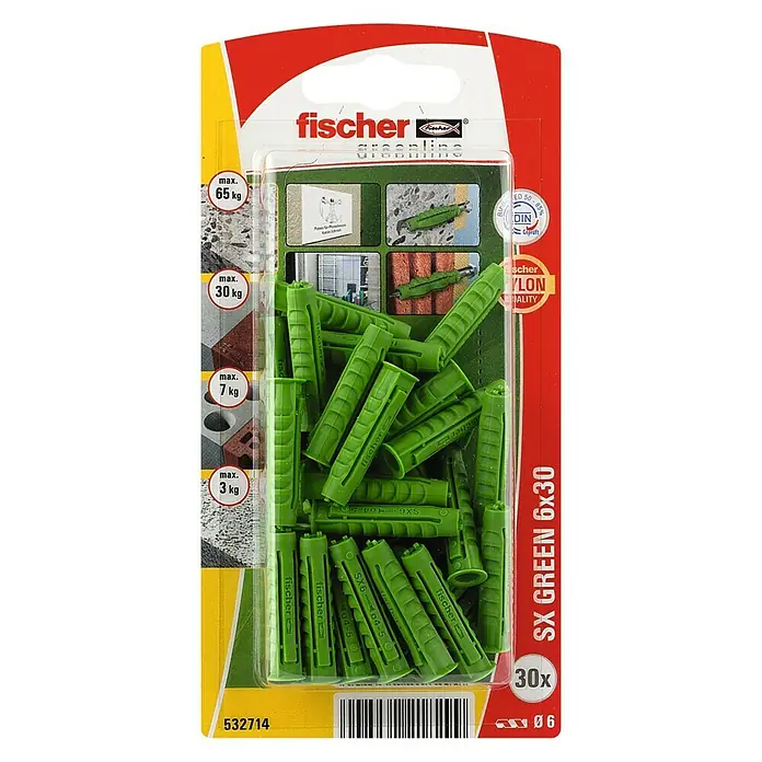 Fischer Pluggen SX Green 6 x 30 K NV - Ø x l: 6 x 30 mm, 30 stk., Nylon - Bovenaanzicht