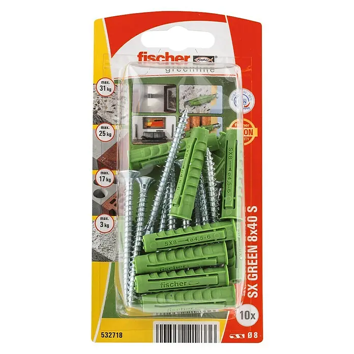 Fischer Pluggen SX Green 8 x 40 S K NV - Ø x l: 8 x 40 mm, 10 stk., Nylon - Bovenaanzicht