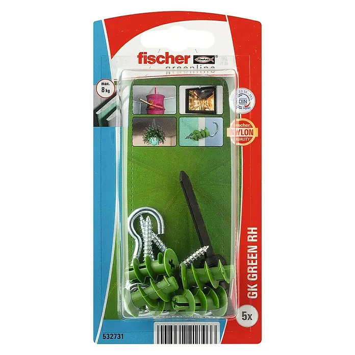 Fischer Gipsplaatpluggen GK Green RH met ronde haak K NV - Nylon, 5 stk., Pluglengte: 22 mm - Bovenaanzicht
