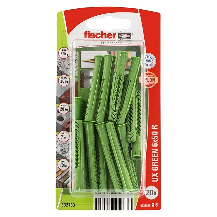 Fischer Universeelpluggen UX Green 6 x 50 R K NV - Ø x l: 6 x 50 mm, 20 stk., Nylon - Bovenaanzicht