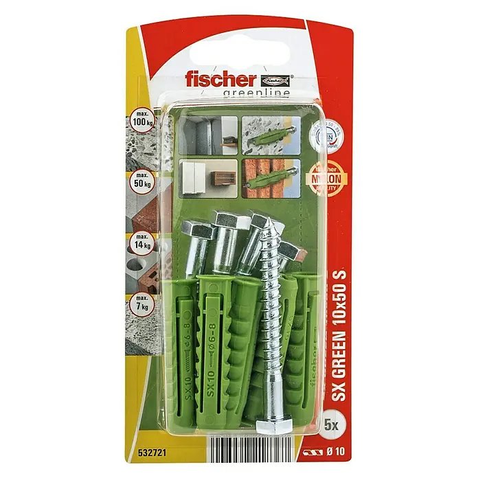 Fischer Pluggen SX Green 10 x 50 S K NV - Ø x l: 10 x 50 mm, 5 stk., Nylon - Bovenaanzicht