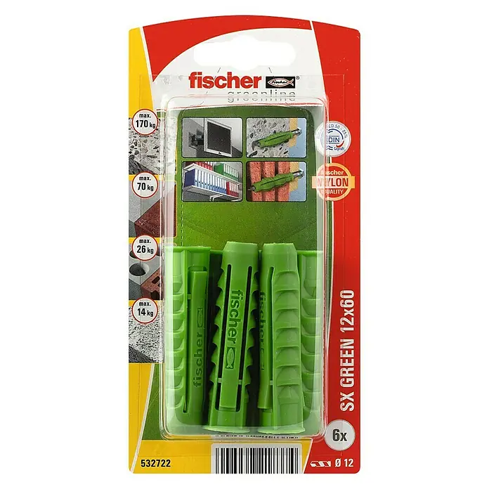 Fischer Pluggen SX Green 12 x 60 K NV - Ø x l: 12 x 60 mm, 6 stk., Nylon - Bovenaanzicht