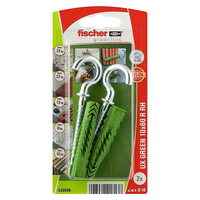 Fischer Universeelpluggen UX Green 10 x 60 R RH K NV - Ø x l: 10 x 60 mm, 2 stk., Nylon - Bovenaanzicht