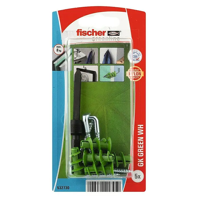 Fischer Gipsplaatpluggen GK Green WH met winkelhaak K NV - Nylon, 5 stk., Pluglengte: 22 mm - Bovenaanzicht