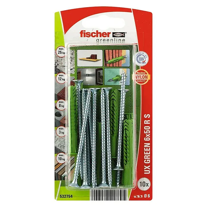 Fischer Universeelpluggen UX Green 6 x 50 R S K NV - Ø x l: 6 x 50 mm, 10 stk., Nylon - Bovenaanzicht