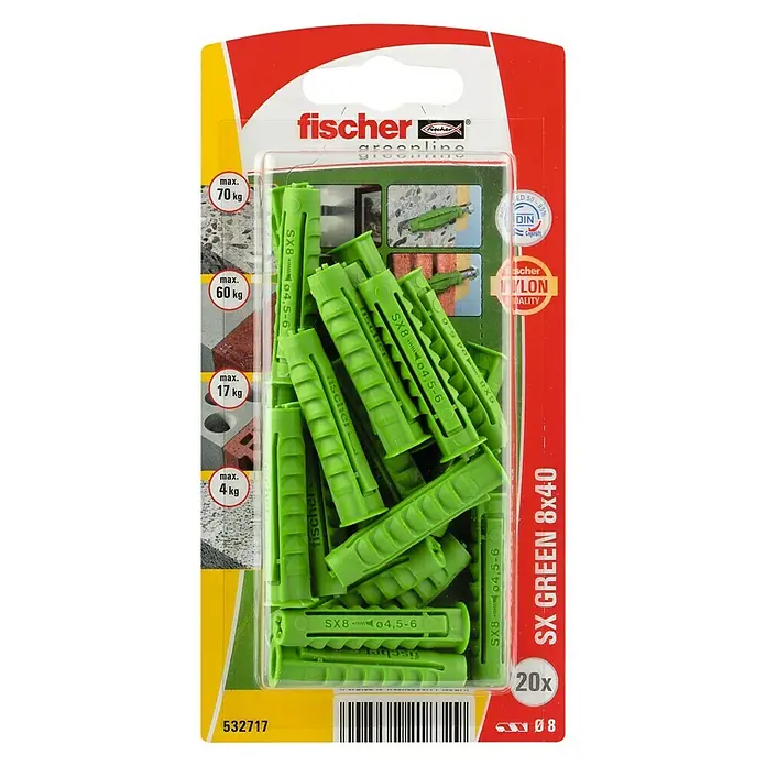 Fischer Pluggen SX Green 8 x 40 K NV - Ø x l: 8 x 40 mm, 20 stk., Nylon - Bovenaanzicht
