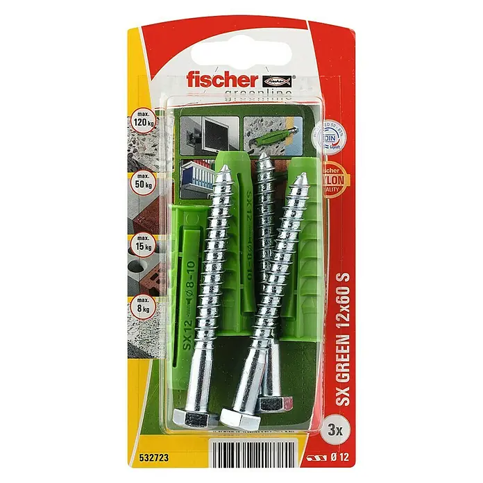 Fischer Pluggen SX Green 12 x 60 S K NV - Ø x l: 12 x 60 mm, 3 stk., Nylon - Bovenaanzicht