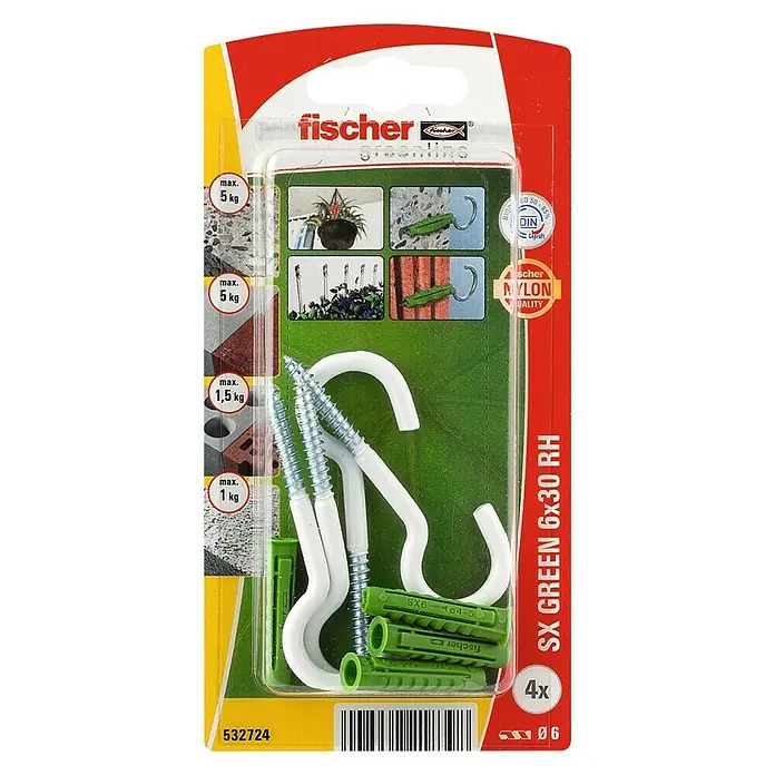 Fischer Pluggen SX Green 6 x 30 RH - Ø x l: 6 x 30 mm, 4 stk., Nylon - Bovenaanzicht