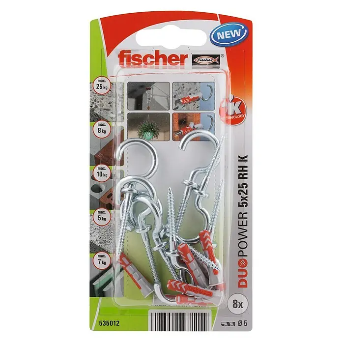 Fischer Duopower Pluggenset RH K - Diameter plug: 5 mm, Pluglengte: 25 mm, Schroefhaak, 8 stk. - Bovenaanzicht