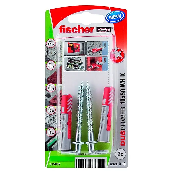 Fischer Duopower Universeelpluggenset WH K NV - Diameter plug: 10 mm, Pluglengte: 50 mm, 2 stk. - Bovenaanzicht