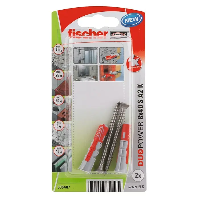 Fischer Pluggen DuoPower 8x40 met rvs schroef A2 K - Ø x l: 8 x 40 mm, 2 stk. - Bovenaanzicht