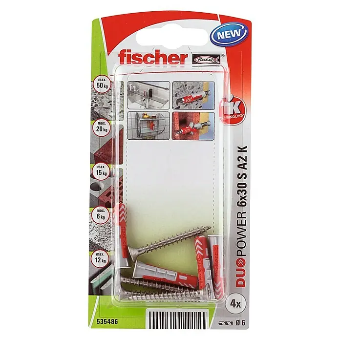 Fischer Pluggen DuoPower 6x30 met rvs schroef A2 K - Ø x l: 6 x 30 mm, 4 stk. - Bovenaanzicht