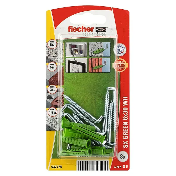 Fischer Pluggen SX Green 6 x 30 WH K NV - Ø x l: 6 x 30 mm, 8 stk., Nylon - Bovenaanzicht