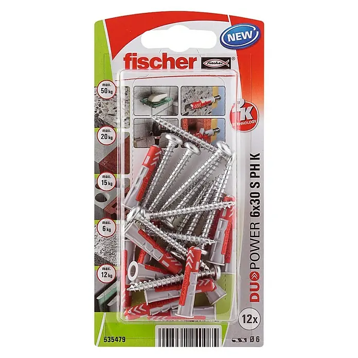 Fischer Pluggen DuoPower 6x30 met bolkopschroef K - Ø x l: 6 x 30 mm, 12 stk. - Bovenaanzicht