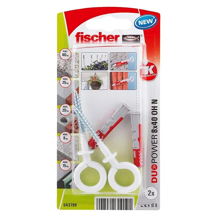 Fischer Pluggen DuoPower 8x40 met nylon ooghaak K - Ø x l: 8 x 40 mm, 2 stk. - Bovenaanzicht