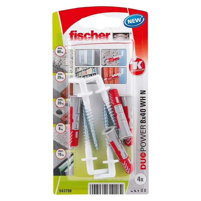 Fischer Pluggen DuoPower 8x40 met nylon winkelhaak K - Ø x l: 8 x 40 mm, 4 stk. - Bovenaanzicht