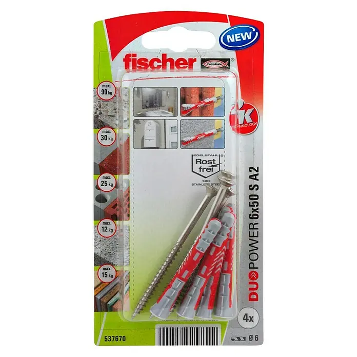 Fischer Pluggen DuoPower 6x50 met rvs schroef A2 K - Ø x l: 6 x 50 mm, 4 stk. - Bovenaanzicht