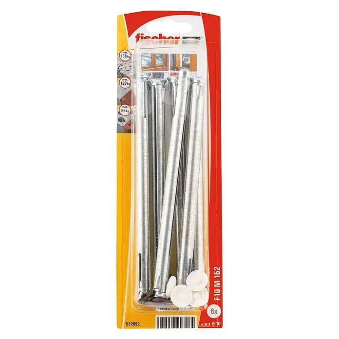 Fischer Kozijnpluggen F10 M 152 K NV - 6 stk., Ø x l: 10 x 152 mm, Verzonken kop - Bovenaanzicht