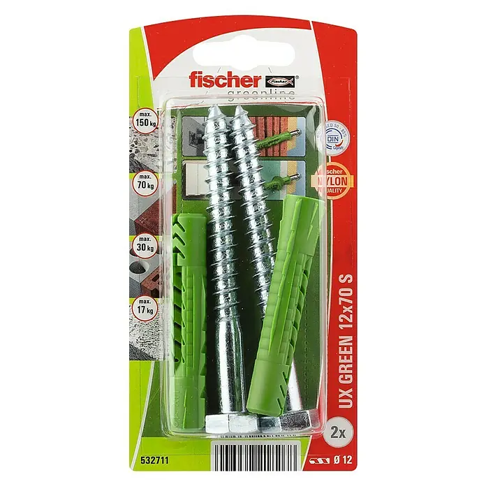 Fischer Universeelpluggen UX Green 12 x 70 S K NV - Ø x l: 12 x 70 mm, 2 stk., Nylon - Bovenaanzicht