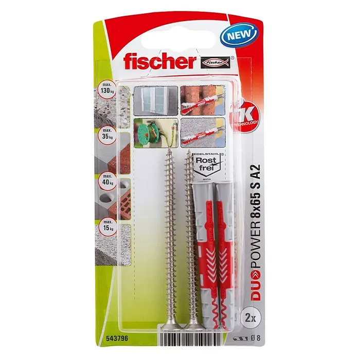 Fischer Pluggen DuoPower 8x65 met rvs schroef A2 K - Ø x l: 8 x 65 mm, 2 stk. - Bovenaanzicht