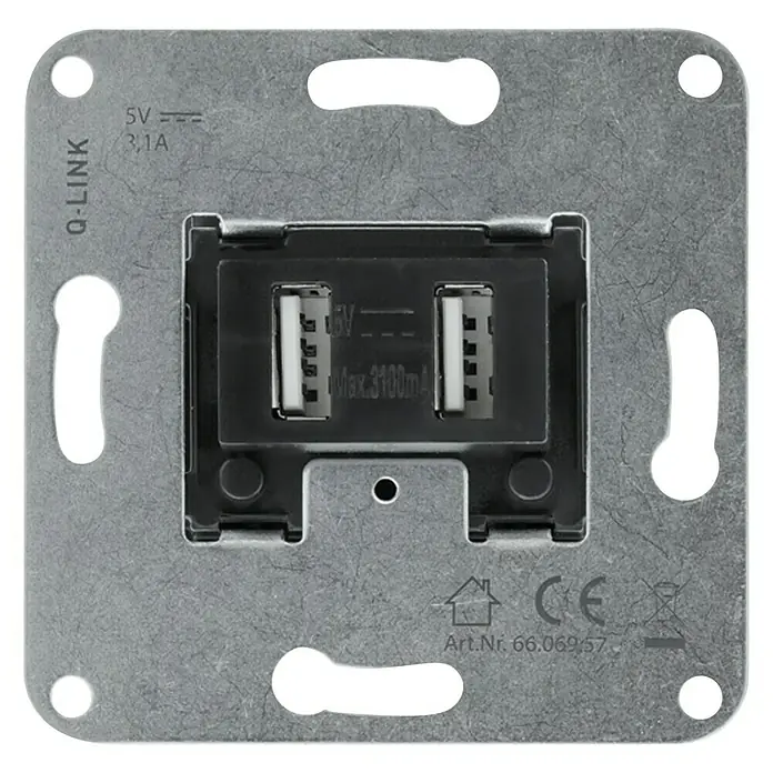 Q-Link Wandcontactdoos met USB - Uitgangsspanning: 5 V, Wandmontage - Vooraanzicht