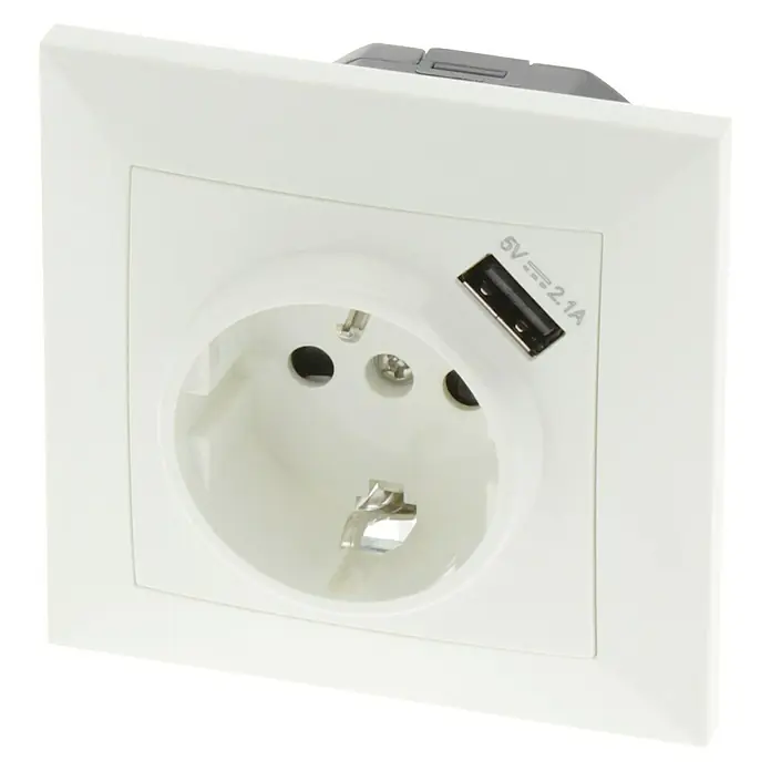Q-Link Wandcontactdoos met randaarde wit, met USB - Kunststof, Wit - Diagonaal zicht