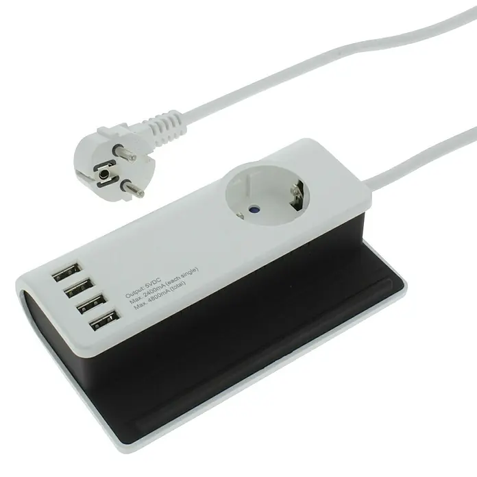 Q-Link Pc-stekkerdoos 4 x USB - Kunststof, Wit, Kabellengte: 1,5 m - Diagonaal zicht