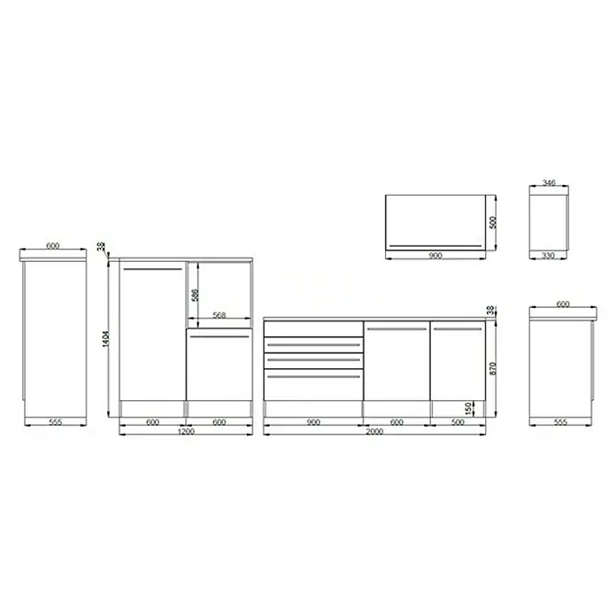 BAUHAUS Küchenzeile Tanja - Breite: 320 cm, Mit Elektrogeräten, Weiß Hochglanz - Skizze