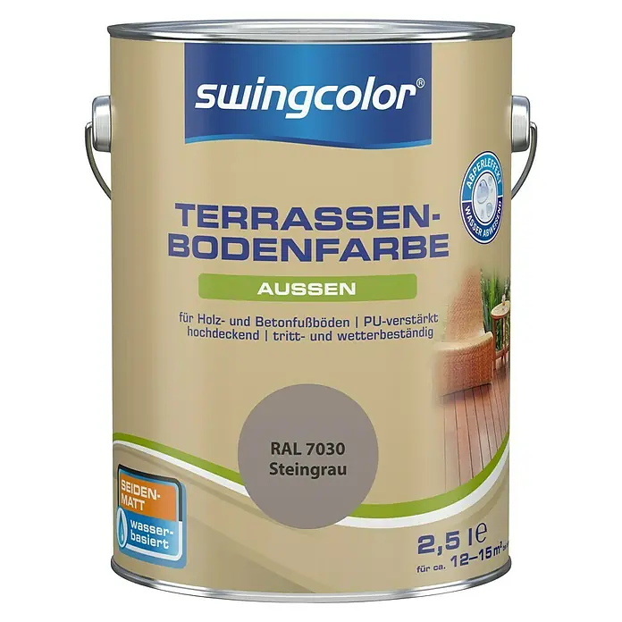 swingcolor Renovierfarbe Terrassenbodenfarbe RAL 7030 - Steingrau, 2,5 l, Seidenmatt, Wasserbasiert, PU-verstärkt - Vorderansicht