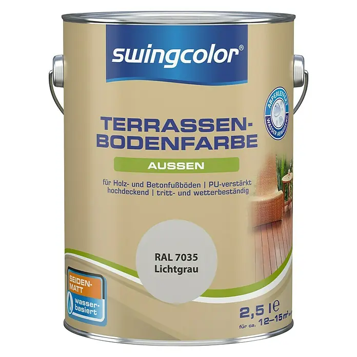 swingcolor Renovierfarbe Terrassenbodenfarbe RAL 7035 - Lichtgrau, 2,5 l, Seidenmatt, Wasserbasiert, PU-verstärkt - Vorderansicht