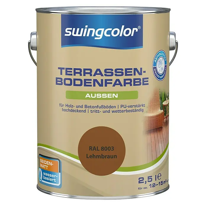 swingcolor Renovierfarbe Terrassenbodenfarbe RAL 8003 - Lehmbraun, 2,5 l, Seidenmatt, Wasserbasiert, PU-verstärkt - Vorderansicht