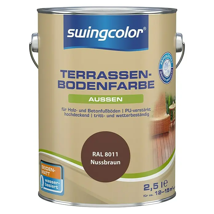 swingcolor Renovierfarbe Terrassenbodenfarbe RAL 8011 - Nussbraun, 2,5 l, Seidenmatt, Wasserbasiert, PU-verstärkt - Vorderansicht
