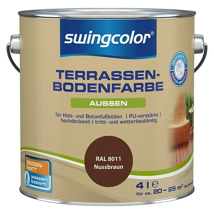 swingcolor Renovierfarbe Terrassenbodenfarbe RAL 8011 - Nussbraun, 4 l, Seidenmatt, Wasserbasiert, PU-verstärkt - Vorderansicht