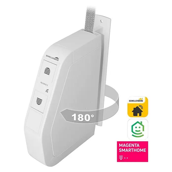 Schellenberg Funk-Rollladen-Gurtwickler Rollo Drive 75 Premium - L x B x H: 155 x 37 x 199 mm, Gurtbreite: 14 mm - 15 mm, Zugkraft: 30 kg, Unterstützte Systeme: Abus Smart Friends System - Diagonale Ansicht