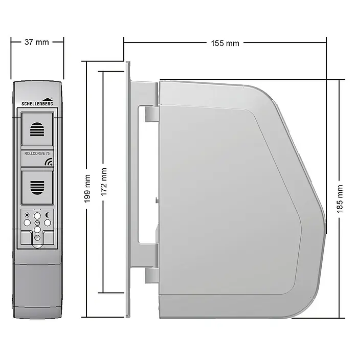 Schellenberg Funk-Rollladen-Gurtwickler Rollo Drive 75 Premium - L x B x H: 155 x 37 x 199 mm, Gurtbreite: 14 mm - 15 mm, Zugkraft: 30 kg, Unterstützte Systeme: Abus Smart Friends System - Skizze