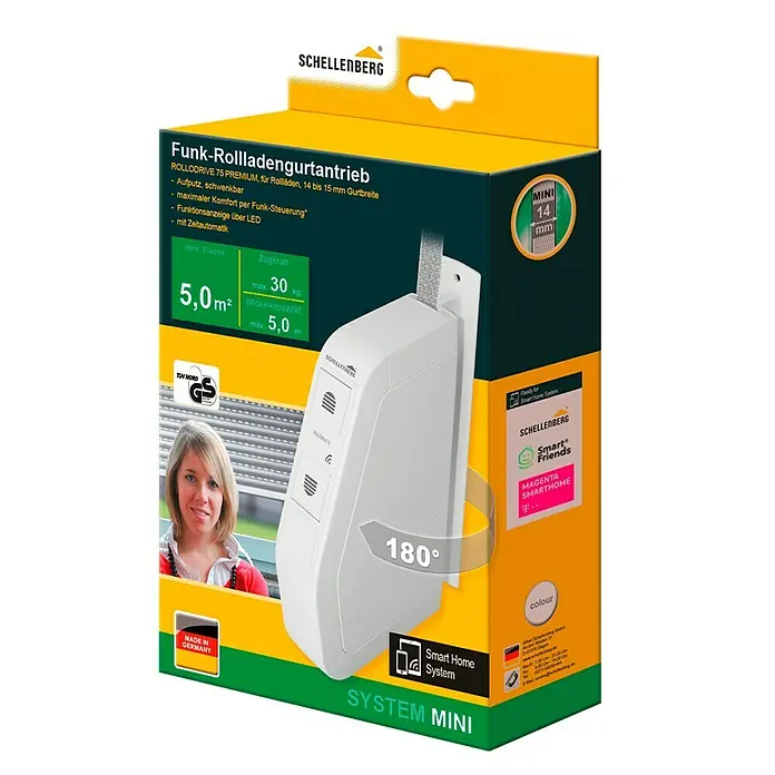 Schellenberg Funk-Rollladen-Gurtwickler Rollo Drive 75 Premium - L x B x H: 155 x 37 x 199 mm, Gurtbreite: 14 mm - 15 mm, Zugkraft: 30 kg, Unterstützte Systeme: Abus Smart Friends System - Diagonale Ansicht