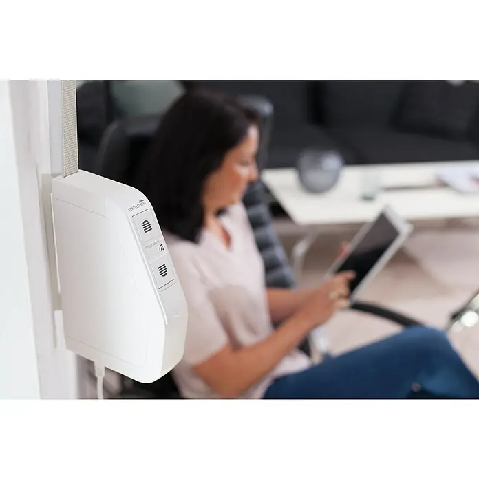 Schellenberg Funk-Rollladen-Gurtwickler Rollo Drive 75 Premium - L x B x H: 155 x 37 x 199 mm, Gurtbreite: 14 mm - 15 mm, Zugkraft: 30 kg, Unterstützte Systeme: Abus Smart Friends System - Anwendungsbeispiel