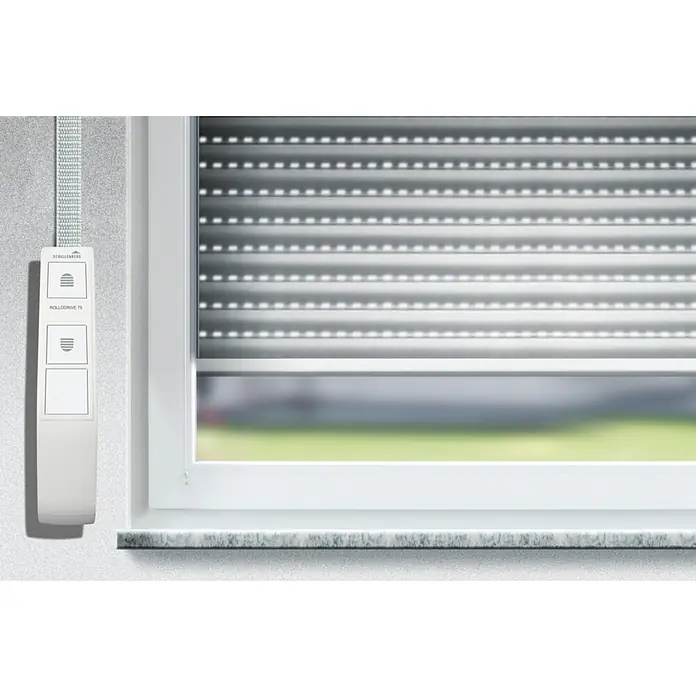 Schellenberg Funk-Rollladen-Gurtwickler Rollo Drive 75 Premium - L x B x H: 155 x 37 x 199 mm, Gurtbreite: 14 mm - 15 mm, Zugkraft: 30 kg, Unterstützte Systeme: Abus Smart Friends System - Anwendungsbeispiel