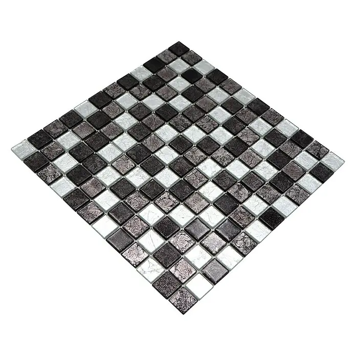 Mozaïektegel vierkant glas Mix CM 4BS13 - 30 x 30 cm, Zwart/Zilver, Glanzend - Diagonaal zicht
