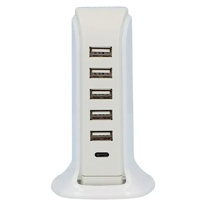 UniTEC Ladestation 6-Port-USB A/C - Weiß, 5 V, 7,5 x 9,1 x 17 cm - Vorderansicht