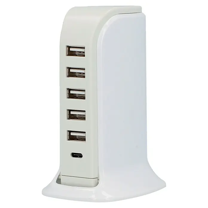 UniTEC Ladestation 6-Port-USB A/C - Weiß, 5 V, 7,5 x 9,1 x 17 cm - Diagonale Ansicht