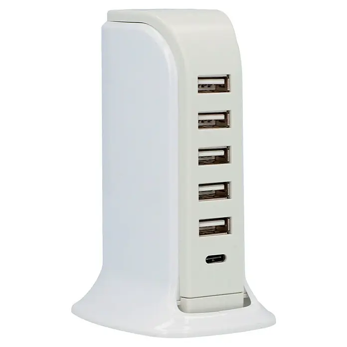 UniTEC Ladestation 6-Port-USB A/C - Weiß, 5 V, 7,5 x 9,1 x 17 cm - Diagonale Ansicht
