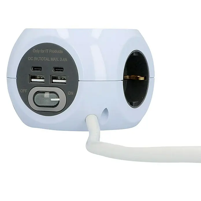 Blaupunkt Steckdosenwürfel mit Induktion - Anzahl Steckdosen Schuko: 3 Stk., Weiß, 2 x USB A und 2 x USB C - Diagonale Ansicht