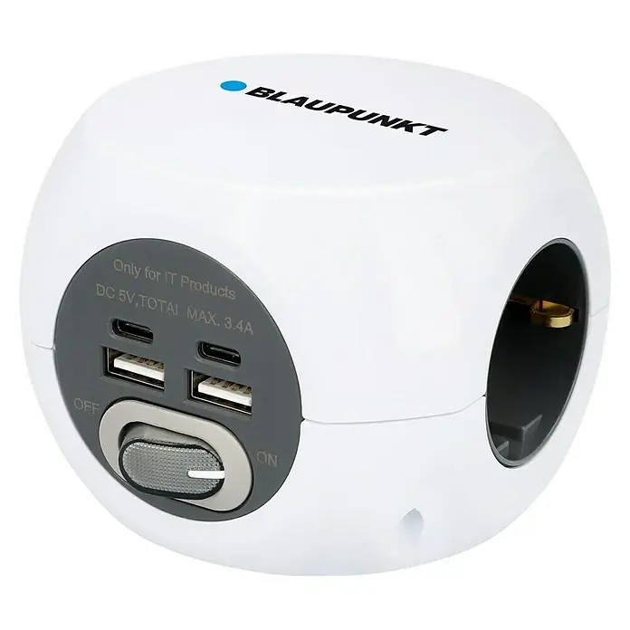 Blaupunkt Steckdosenwürfel - Anzahl Steckdosen Schuko: 3 Stk., Weiß, 2 x USB A und 2 x USB C - Diagonale Ansicht