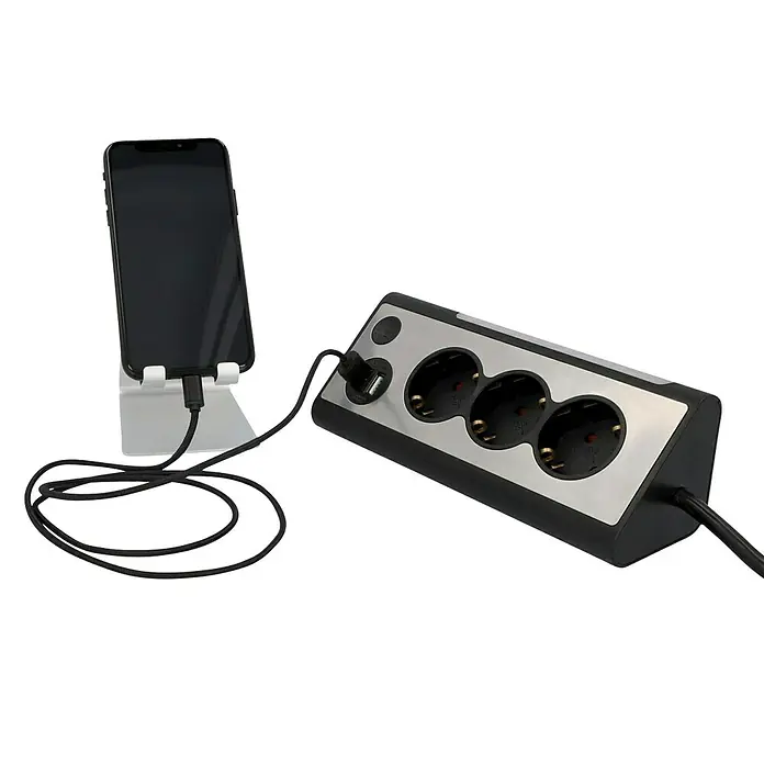 Tischsteckdose - 3-fach, 2 USB-Anschlüsse, Silber/Schwarz - Diagonale Ansicht